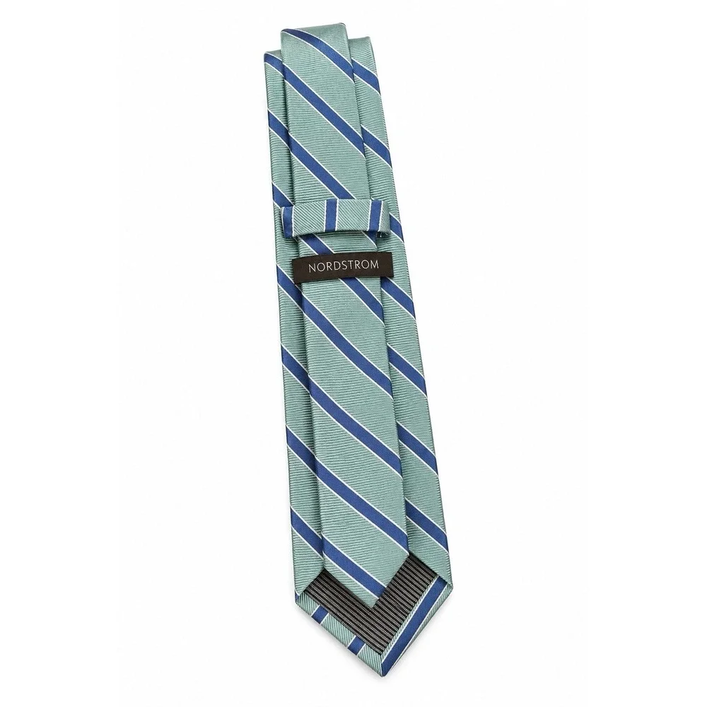 NORDSTROM Silk Mint Green & Blue Striped Design Adjustable Neck Tie 3.5